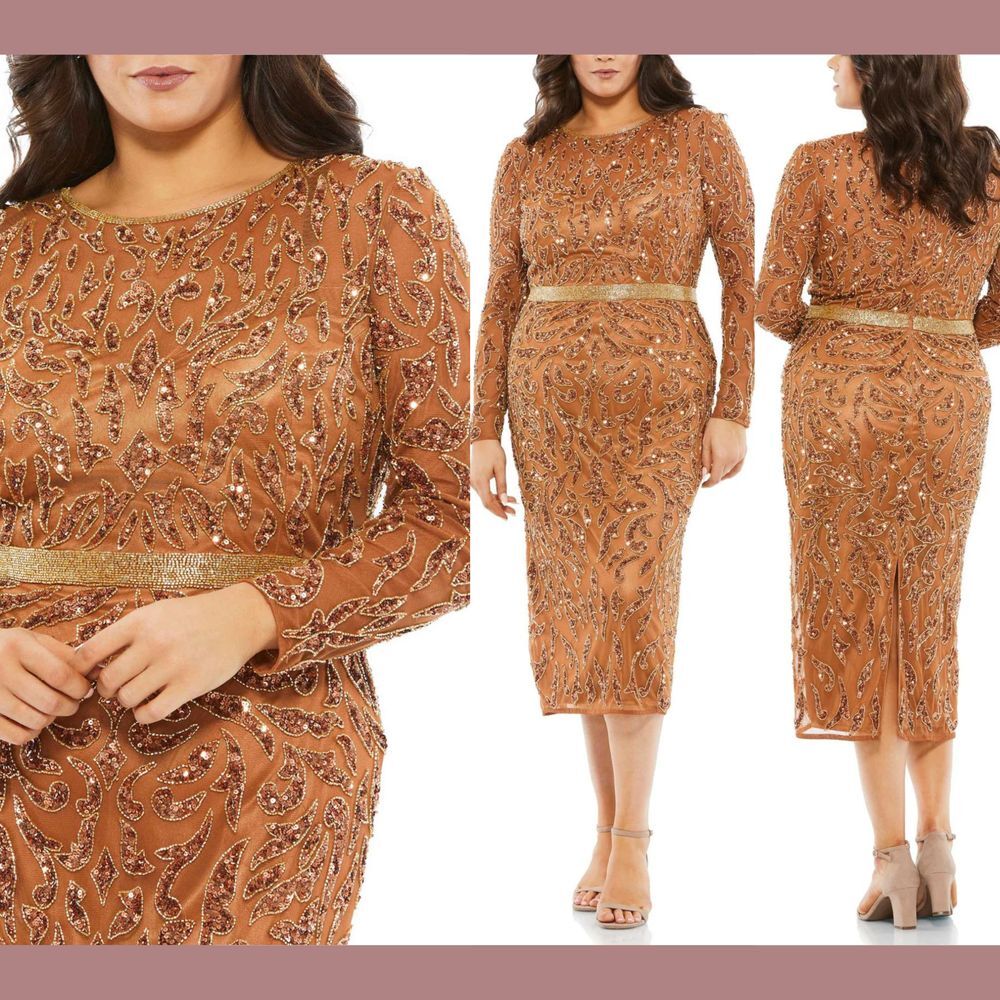 NWT Mac Duggal [‎ 14W ] 5518 Embellished Long Sleeve High Neck Dress Copper